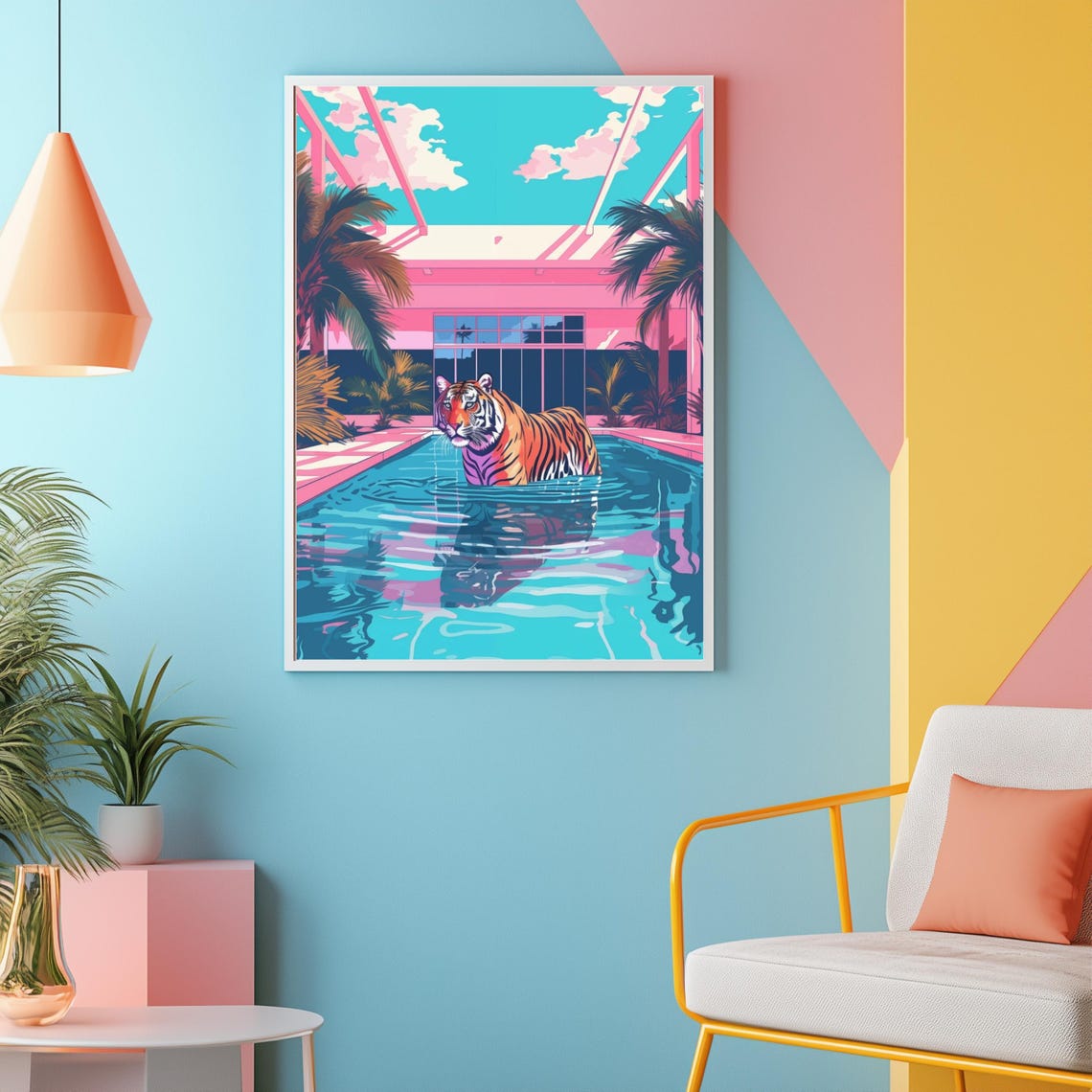 Tiger Wading in a Blue Pool at a Pink Palm Springs Villa Poster - Image 3