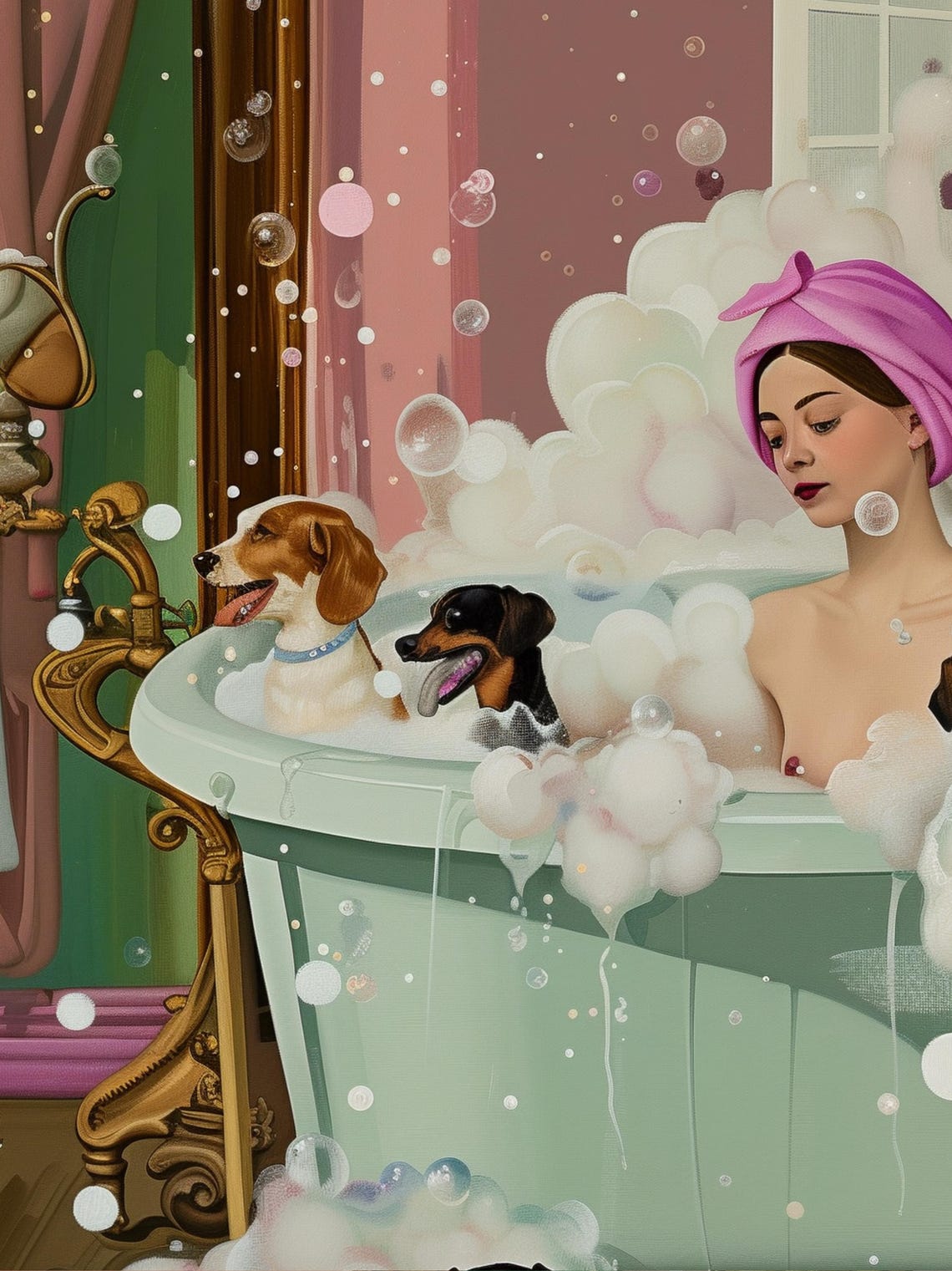 Woman in a Bubble Bath Surrounded by Happy Dogs Vintage Poster - Image 2