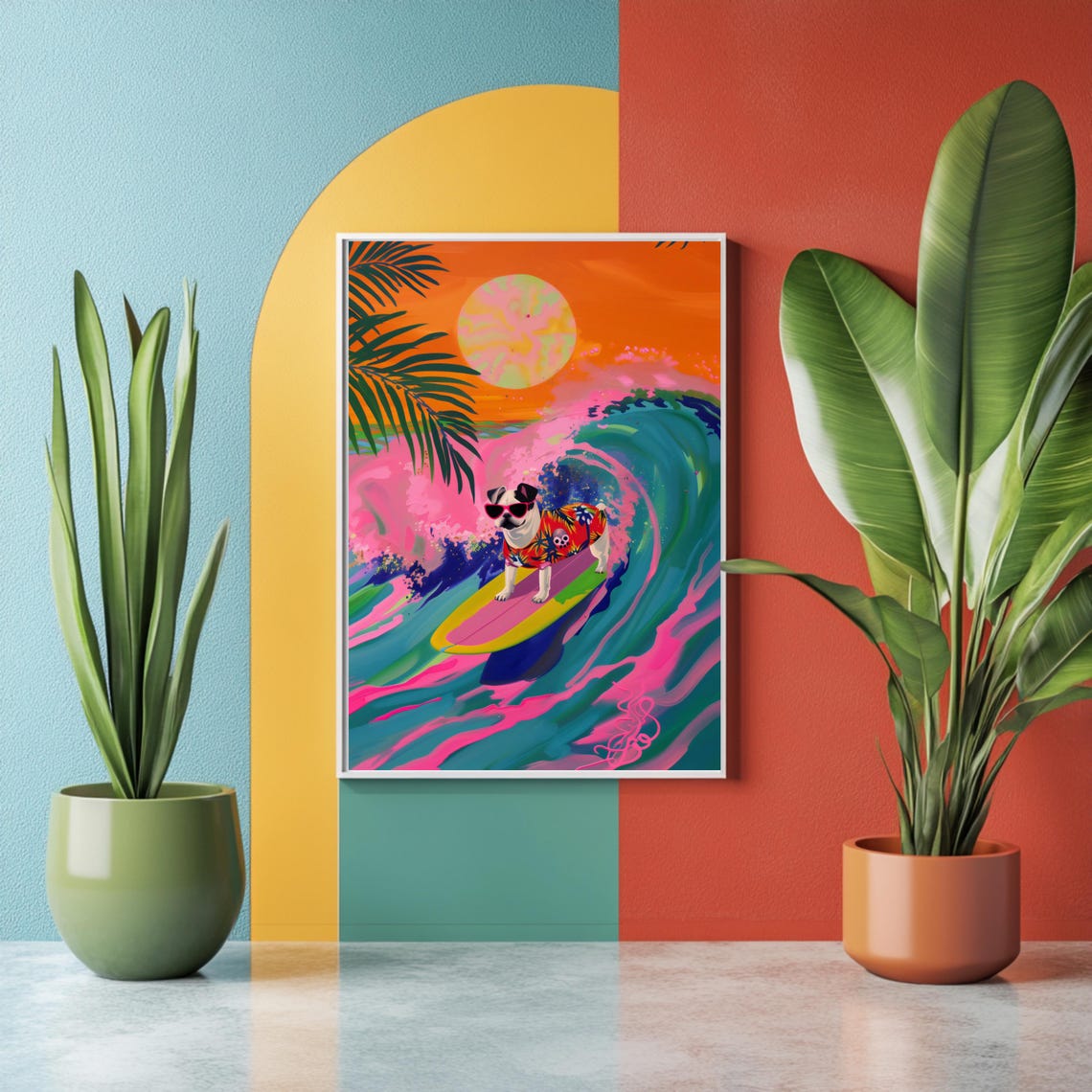 Surfing Pug In Sunglasses Poster Neon Wave Beach Summer Decor Art - Image 2