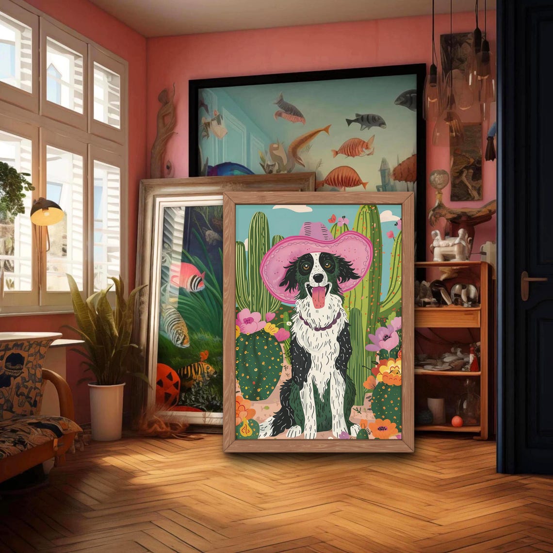 Border Collie In Pink Cowboy Hat Poster Cute Cactus Desert Artwork - Image 2