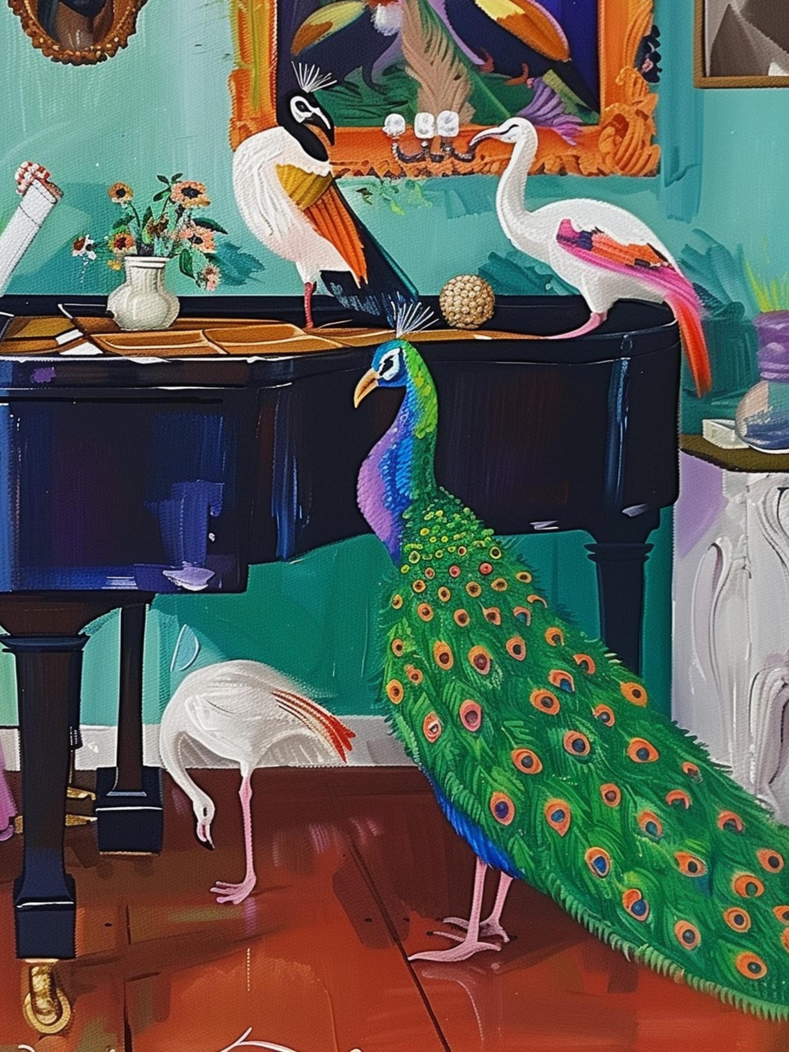 Woman Playing Piano Surrounded by Peacock and Flamingos Poster - Image 2