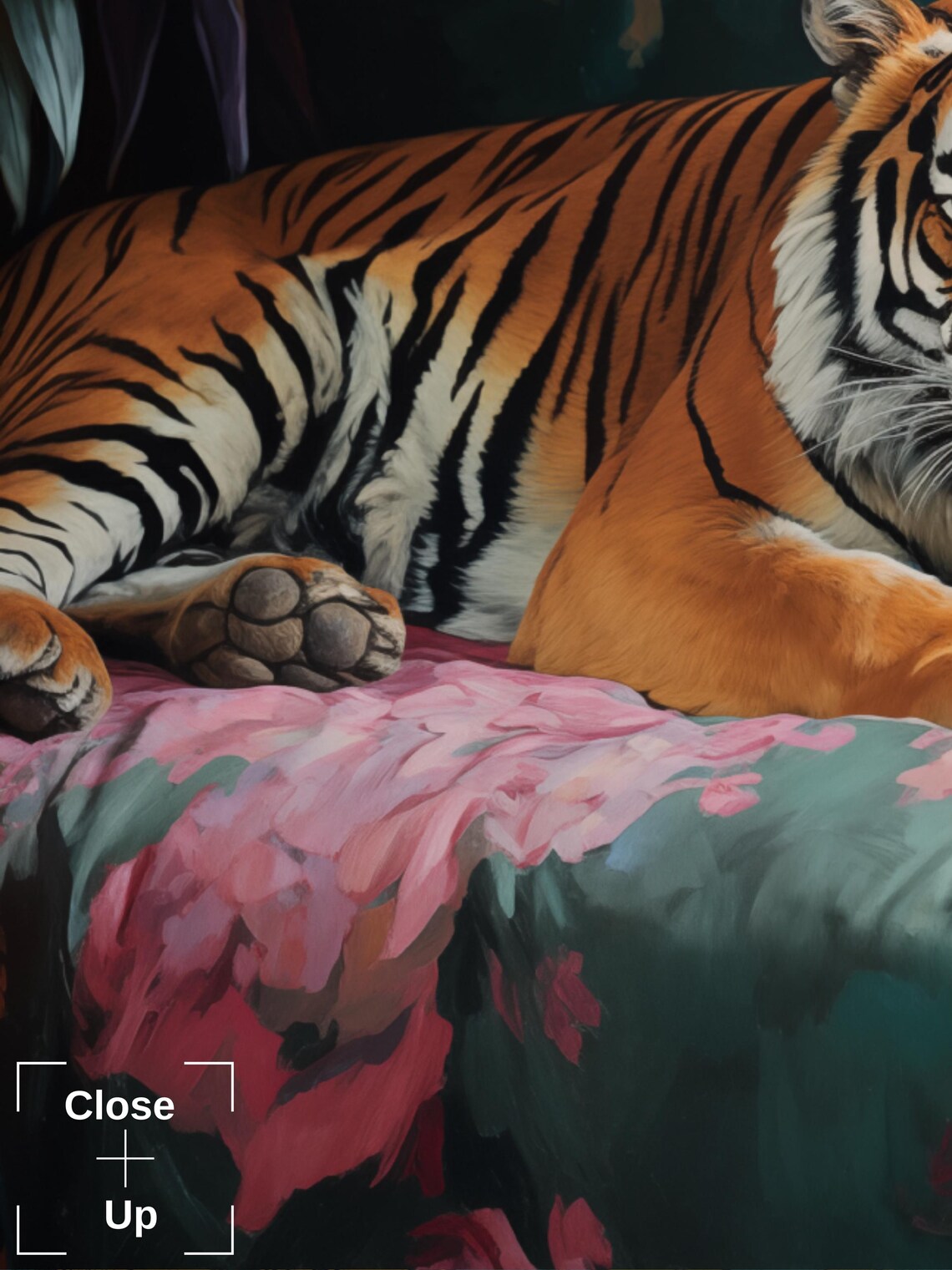 Majestic Tiger Lounging on a Floral Velvet Chaise Lounge Sofa Poster - Image 2