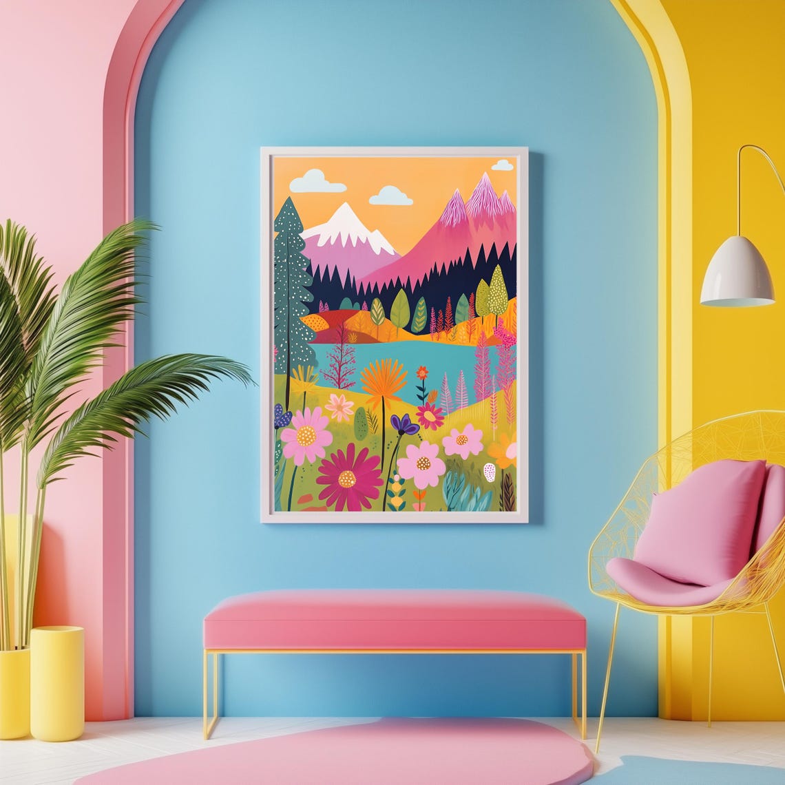 Colorful Pink Mountain Lake With Wildflower Meadow Art Poster - Image 2