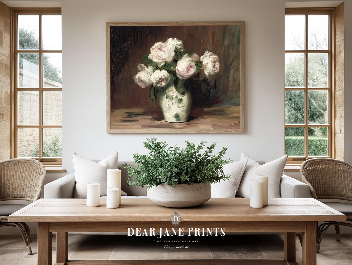 White Peonies in Painted Vase Dark Background Classic Floral Poster