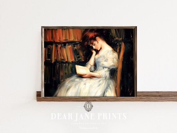 Woman in Blue Gown Reading in Dark Library Impressionist Oil Poster