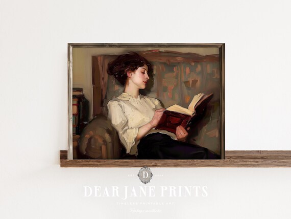 Dark Haired Woman Reading Large Book Vintage Armchair Library Poster