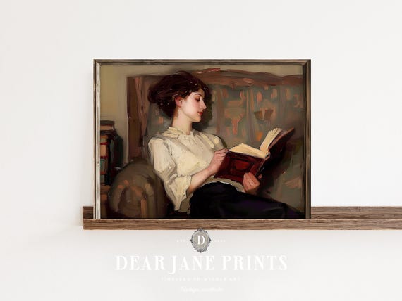 Elegant Woman Reading Wall Art Painting Library Office Decor Academia Vintage Print Art