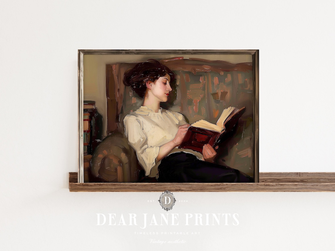 Dark Haired Woman Reading Large Book Vintage Armchair Library Poster