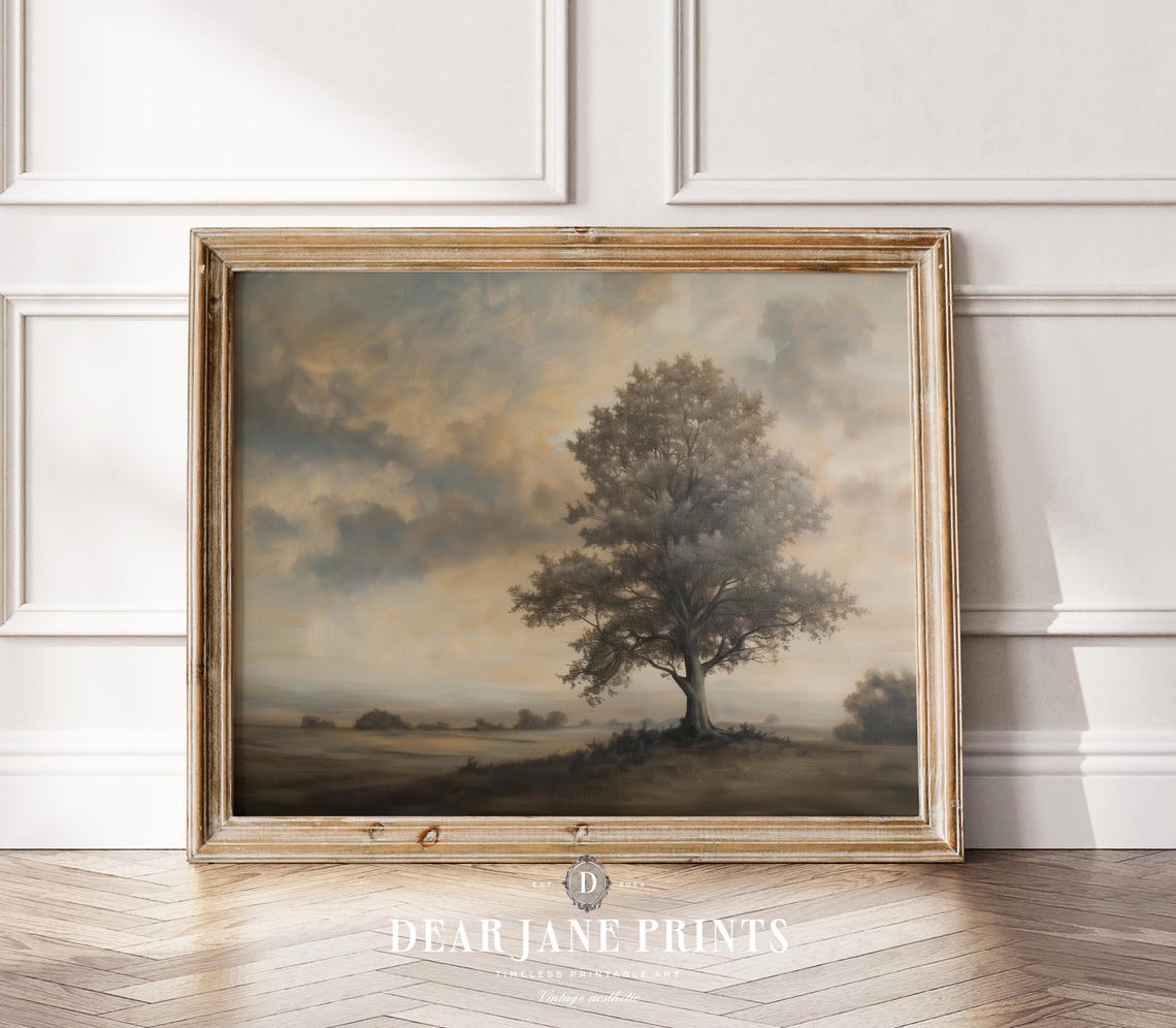 Lone Tree On Moody Plain Under Dramatic Cloudy Sky Landscape Poster