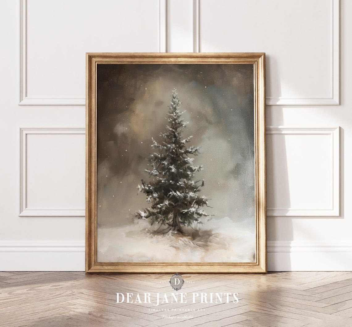 Lonely Snow Covered Evergreen Tree In Moody Winter Dusk Poster - Image 2