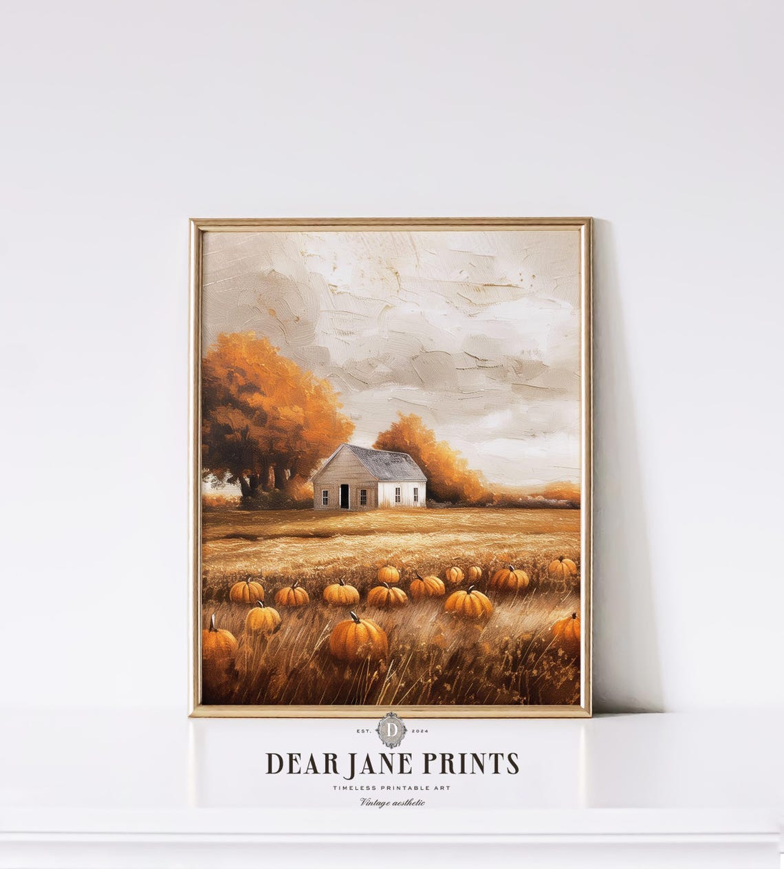 Autumn Pumpkin Field With White Farmhouse In Golden Light Poster - Image 2