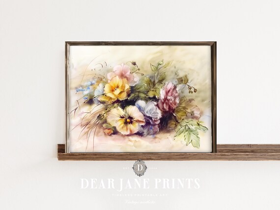 Watercolor Pansies Yellow Pink Purple Soft Botanical Floral Art Poster