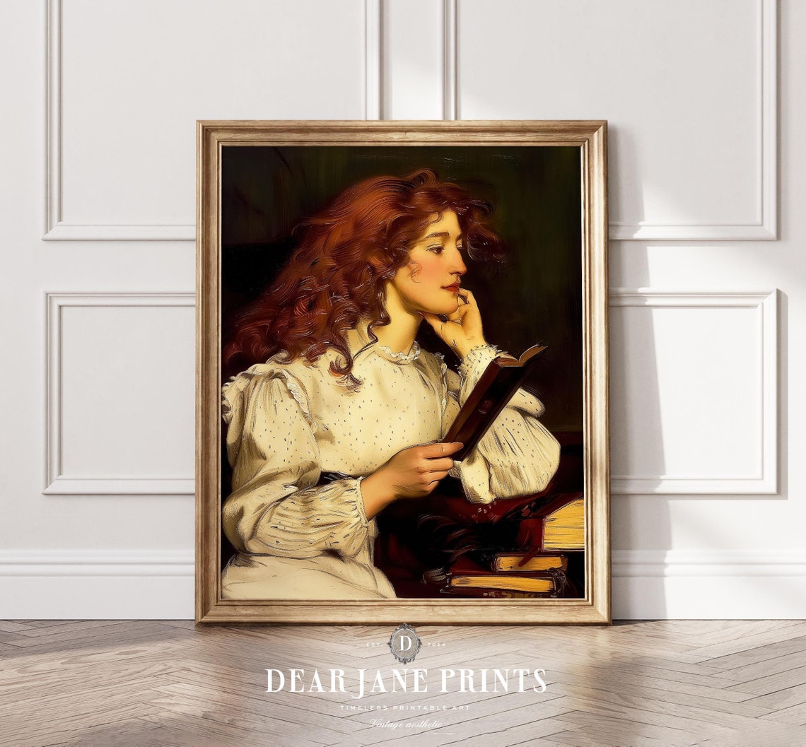 Red Haired Woman Reading Book Classic Vintage Portrait Painting Poster