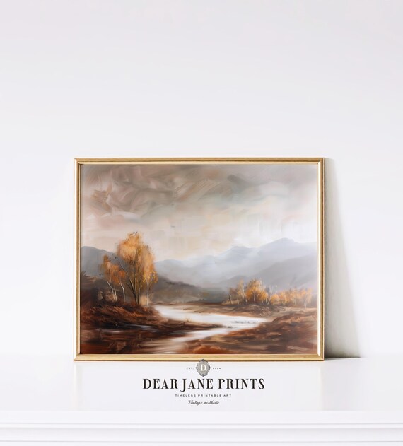 Autumn Mountain River With Golden Trees Under Soft Gray Sky Poster