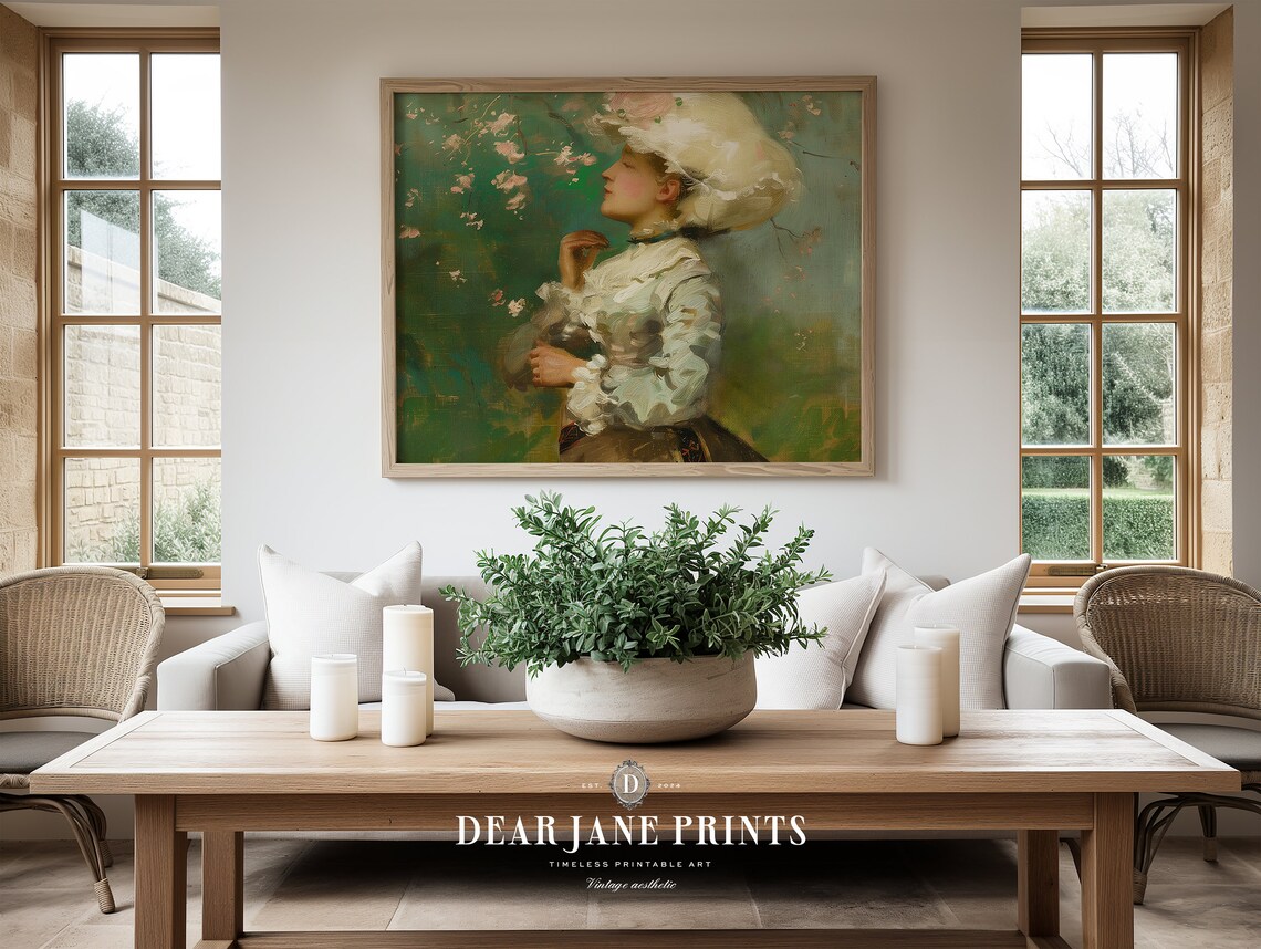 Woman in White Hat with Spring Blossoms Vintage Portrait Painting Poster - Image 2