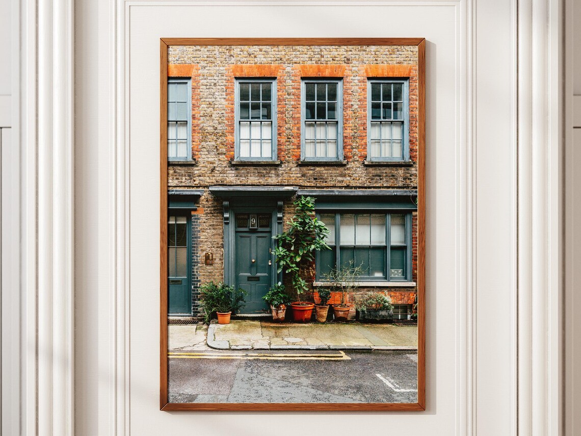 London Spitalfields Brick House Teal Door Potted Plants Photo Print
