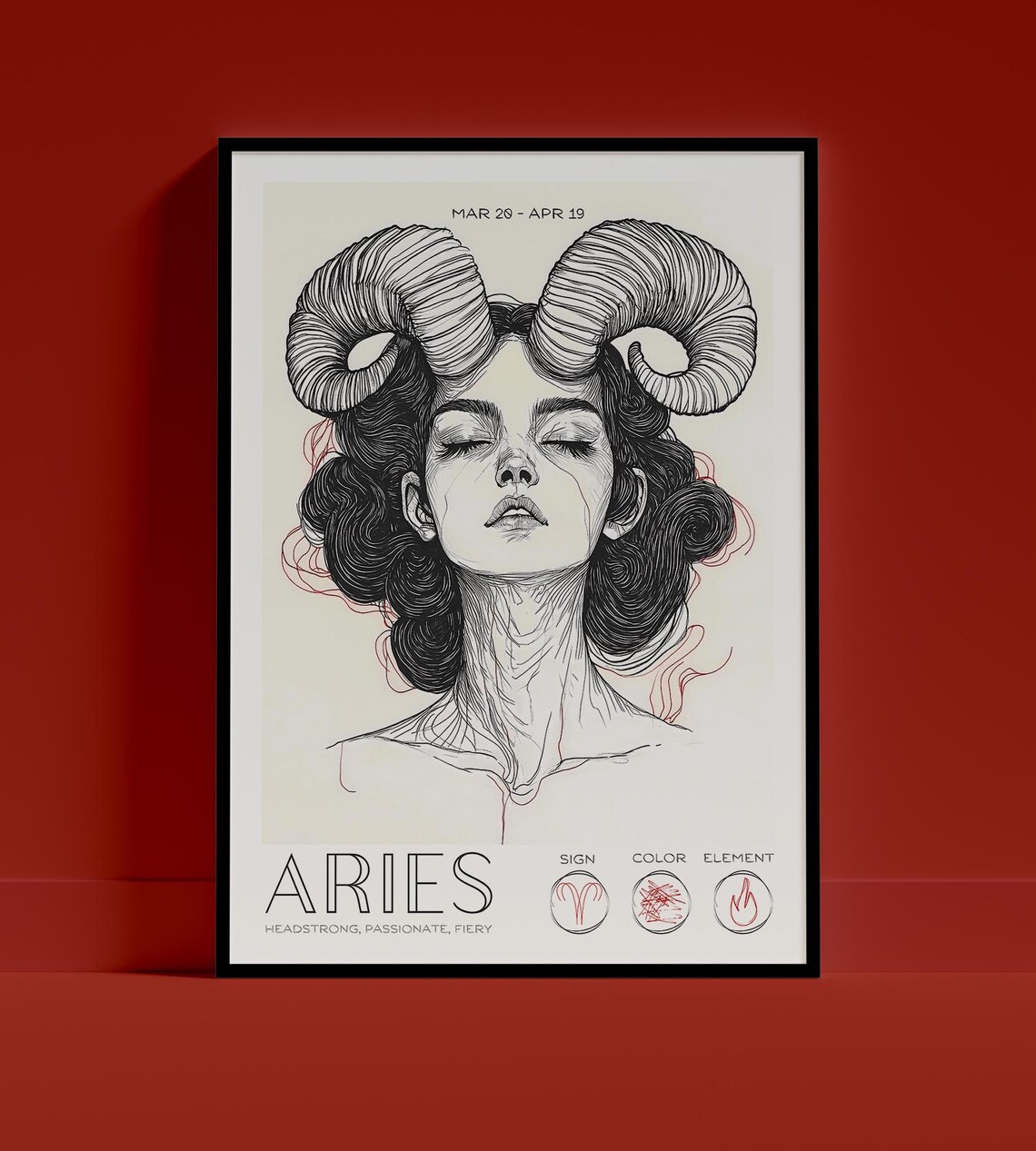 Aries Zodiac Line Art Ram Horns Portrait Astrology Horoscope Poster