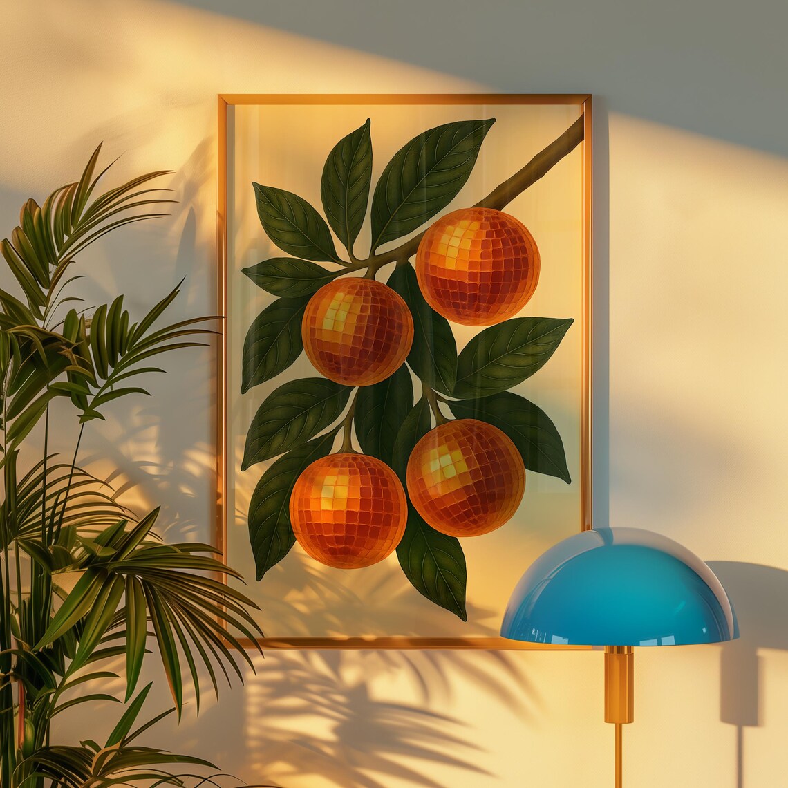 Glowing Disco Ball Oranges on Leafy Branch Kitchen Art Poster