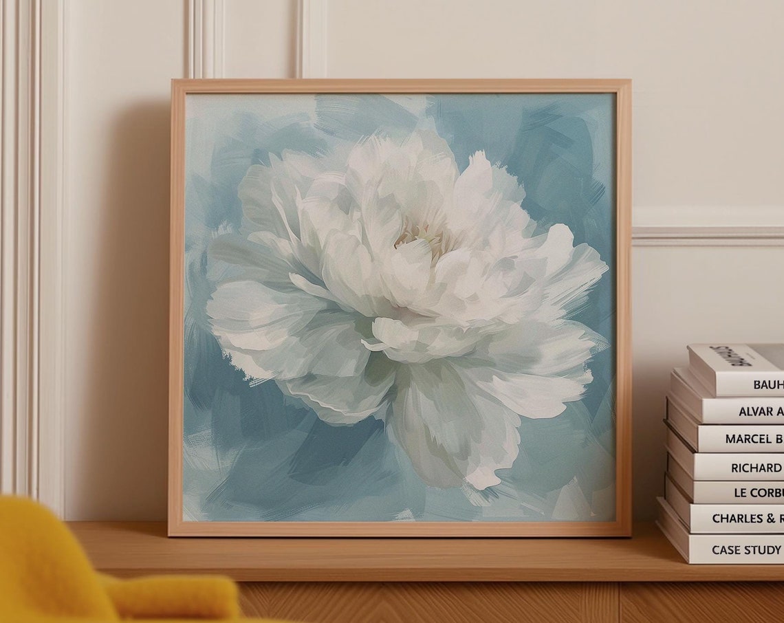 White Peony Flower on Textured Blue Background Botanical Poster