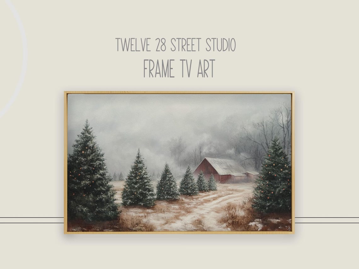 Snowy Evergreens Christmas Lights Red Barn Winter Evening Art Print