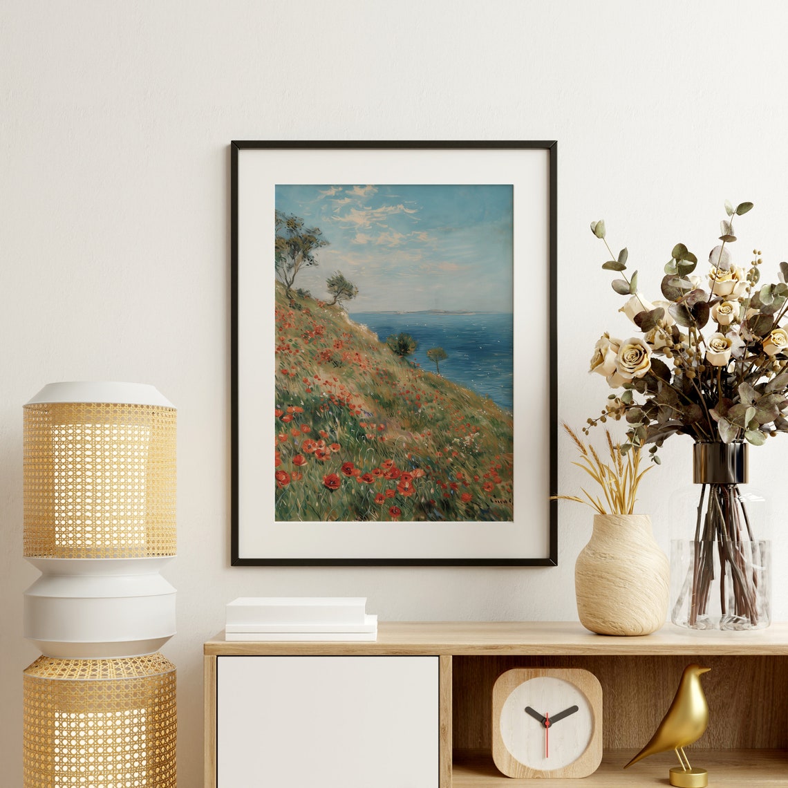 Red Poppies on Coastal Hillside Blue Sea Impressionist Oil Poster - Image 2