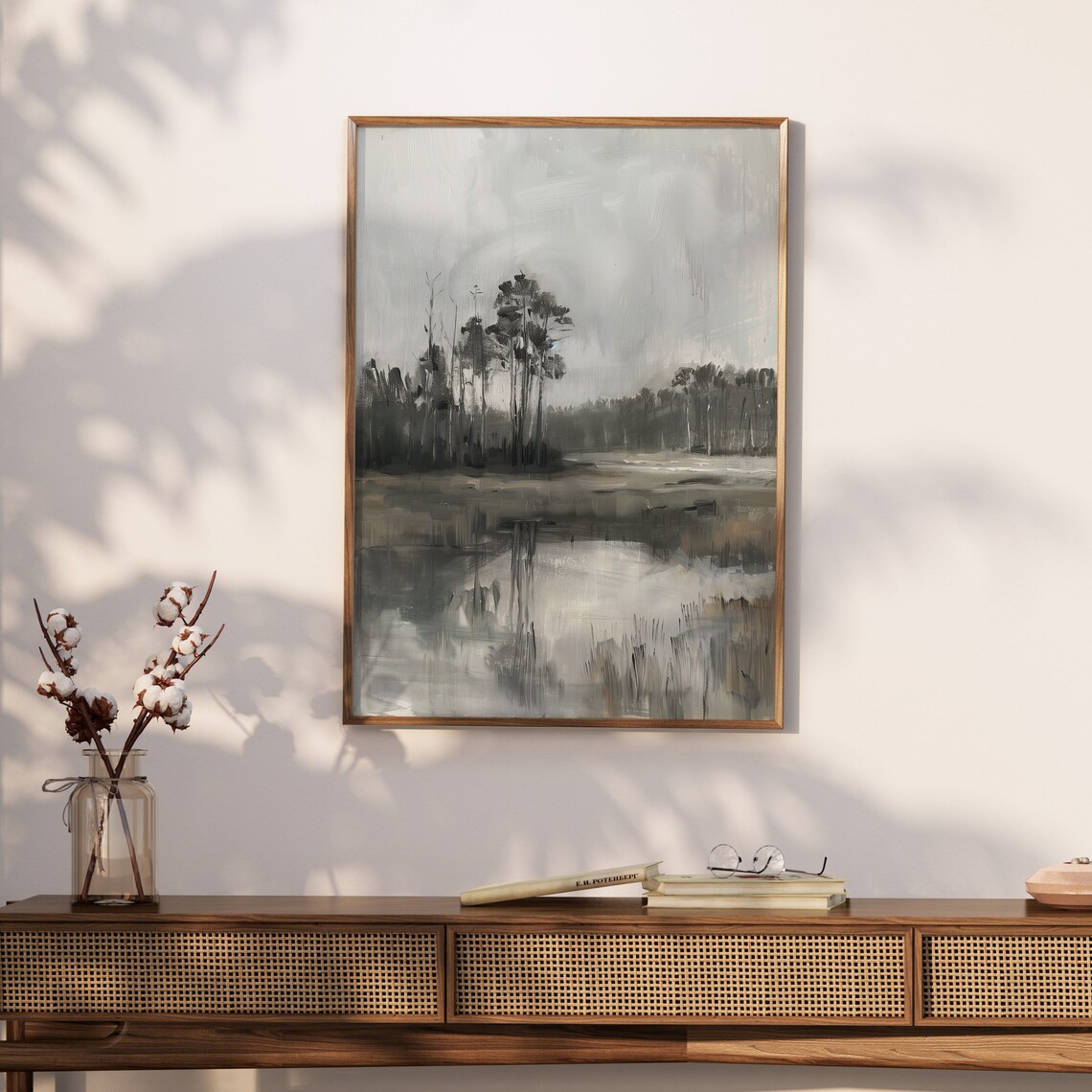 Tall Pine Trees on Misty Lake Foggy Monochrome Oil Painting Poster - Image 3