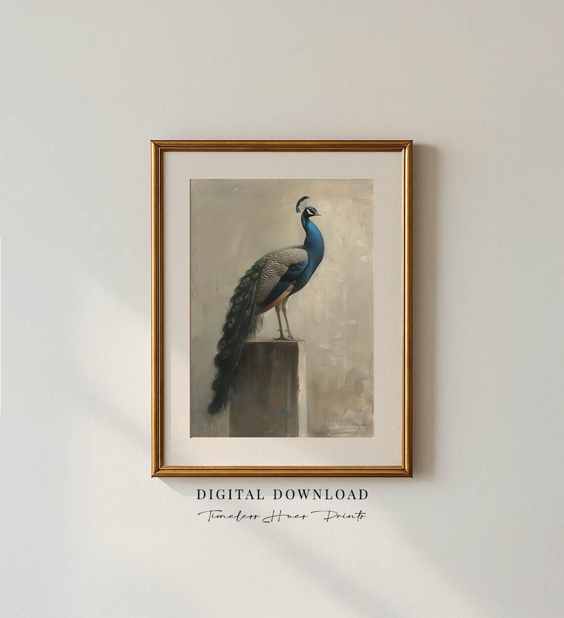 Standing Peacock Portrait Antique Style Bird Painting Wall Art