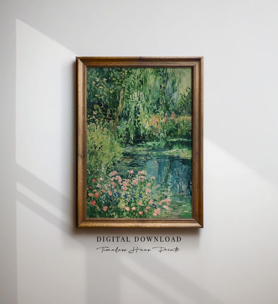 Monetinspired Garden Painting Giverny Landscape Impressionist Willow Pond Art Nature