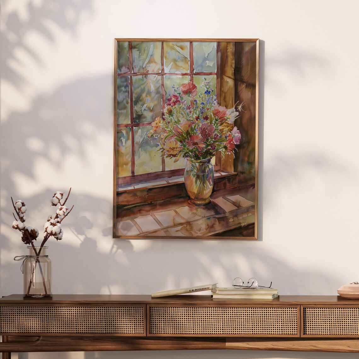 Wildflower Bouquet in Glass Jar by Sunlit Window Watercolor Poster - Image 2
