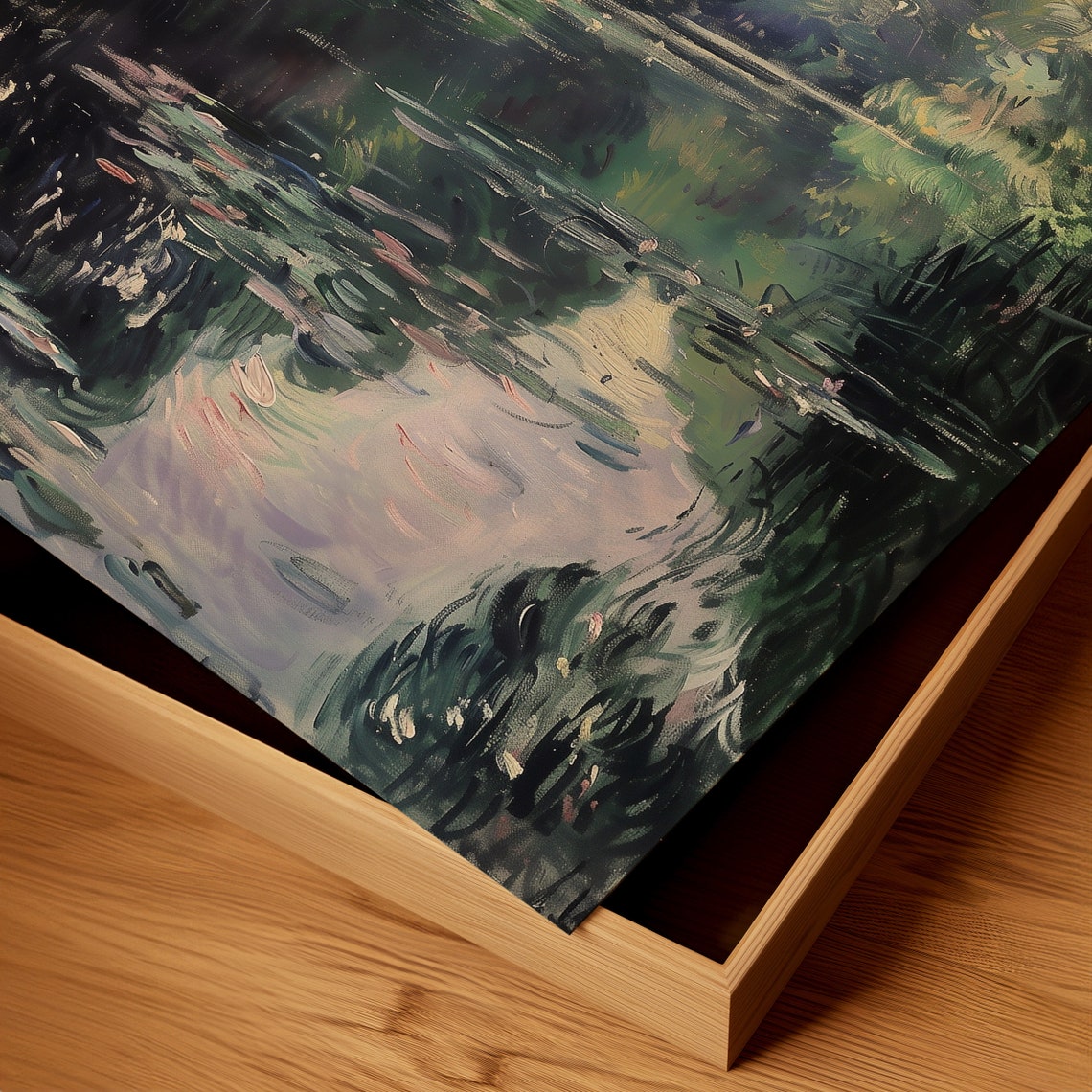 Dark Moody Water Lily Pond With Trees Impressionist Lake Print - Image 3
