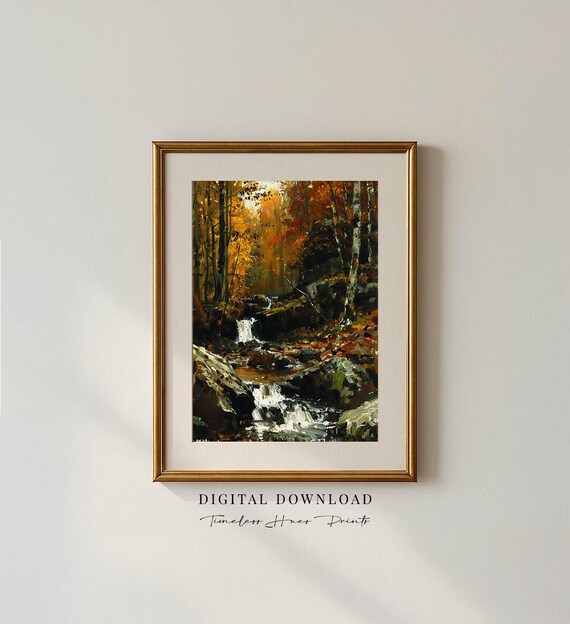 Autumn Forest Creek Waterfall Moody Fall Foliage Oil Painting Poster