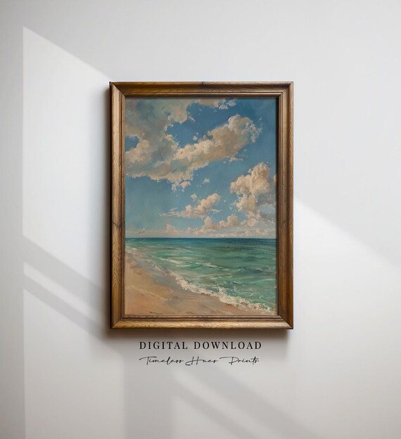 Sunny Beach Seascape Turquoise Ocean Cloudy Sky Vintage Style Art Poster