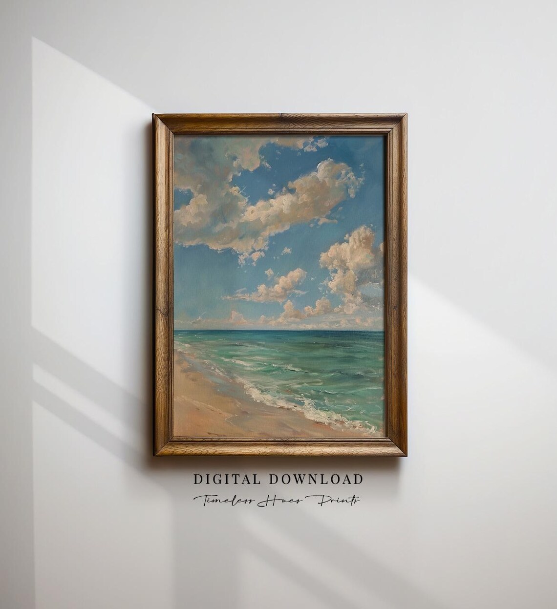 Sunny Beach Seascape Turquoise Ocean Cloudy Sky Vintage Style Art Poster