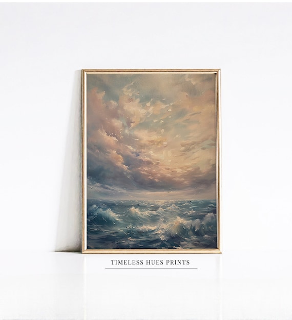 Moody Cloudy Sky Ocean Waves Vintage Style Art Painting Poster