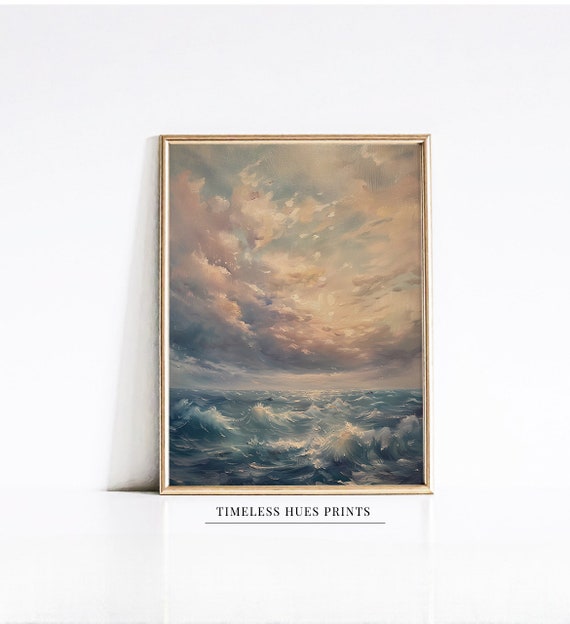 Moody Cloudy Sky Paintingocean Waves Paintingvintage Ocean Paintingcloudy Printcloud Paintinghome Decorprintable
