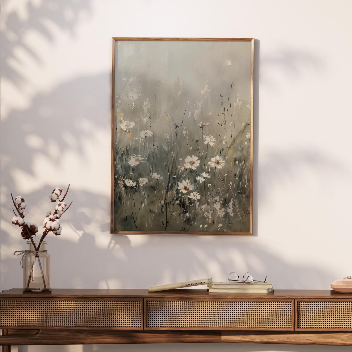 White Daisies Misty Field Painting Vintage Floral Art Flowers In The Fog Beige And Gray Floral Botanical Art - Image 3