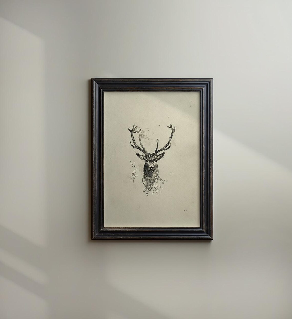 Stag With Antlers Vintage Ink Sketch Moody Wildlife Cabin Art Print
