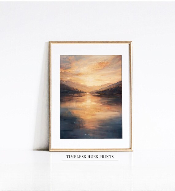 Abstract Lake At Sunset Oil Painting Golden Hour Lake Painting Sunset Lake Art Abstract Mountain Landscape Art