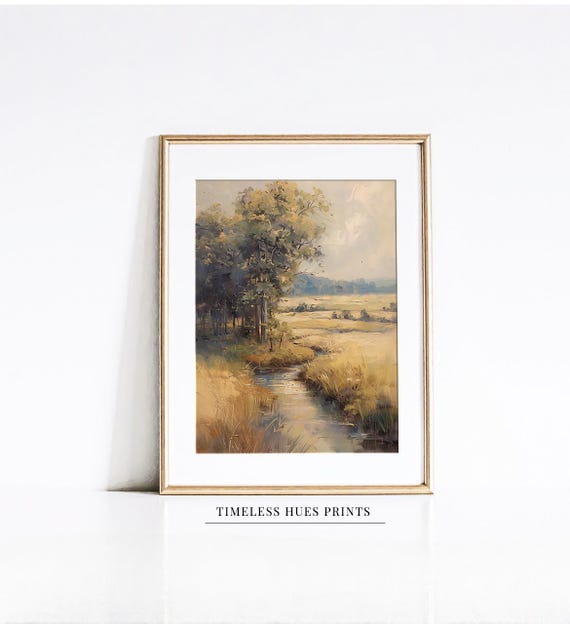 Country Stream Painting Golden Hour Landscape Art Pastoral Countryside Print Rustic Nature Wall Rural