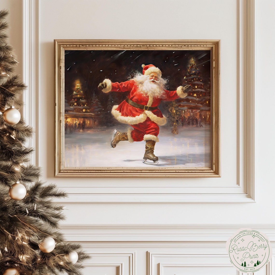 Santa Claus Ice Skating At Night In A Snowy Town Square Holiday Poster