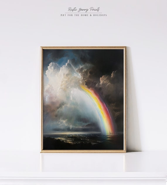 Rainbow In Clouds Oil Painting Wall Art Vintage Print Dark Academia Print Moody Cottagecore Instant
