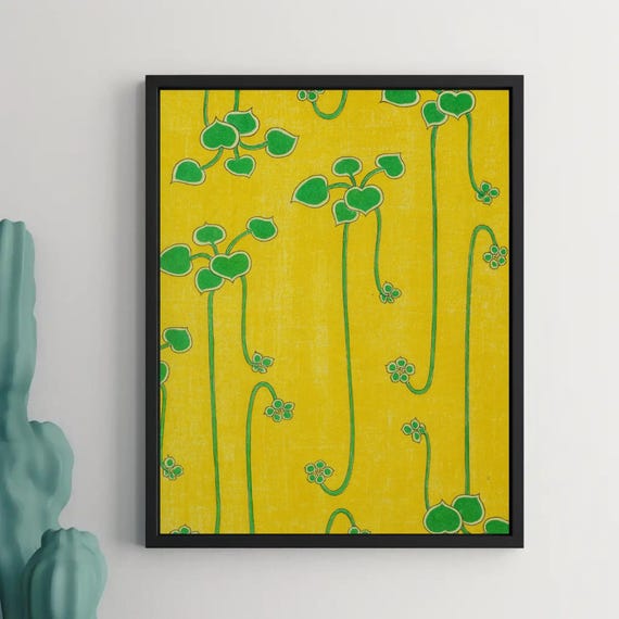 Yellow Botanical Art Print Retro Floral Poster Green Vine Illustration
