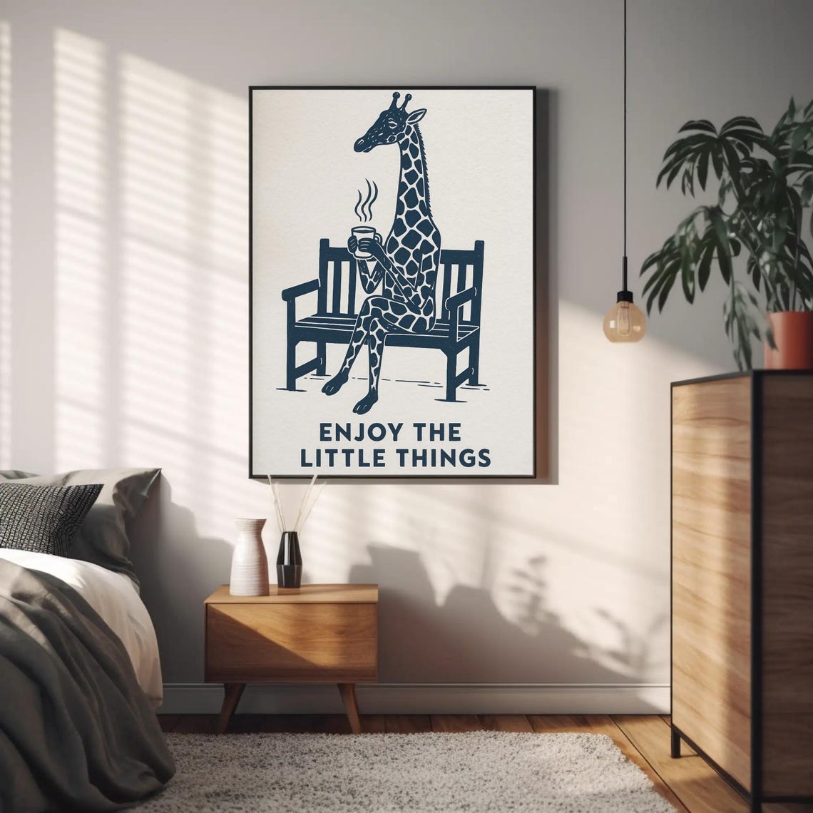 Giraffe Enjoy The Little Things Quote Navy Coffee Art Poster
