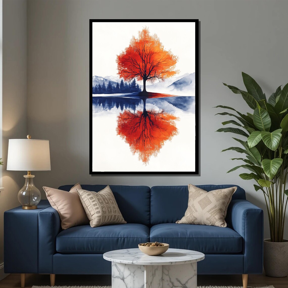 Red Tree Reflection Painting, Autumn Lake Landscape - Image 2
