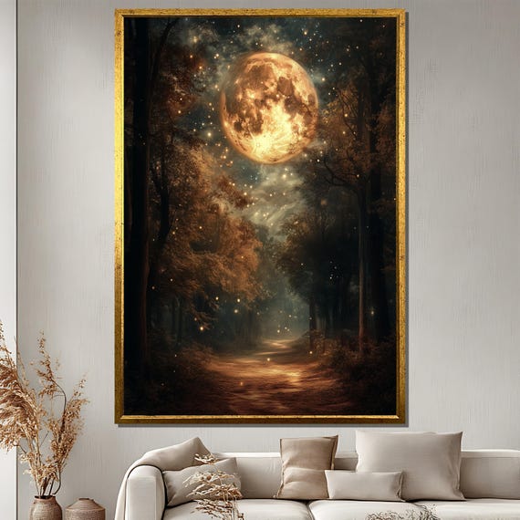Magical Moonlit Forest Painting Mystical Night Scene Wall Art Dreamy Celestial Print Enchanted Nature Decor Large Home Gift