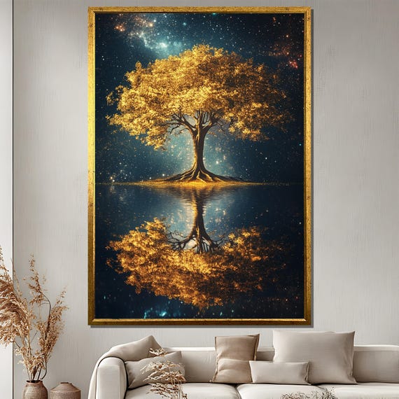 Golden Tree Reflection Painting Mystical Night Art Celestial Nature Decor Dreamy Wall Gift For Home