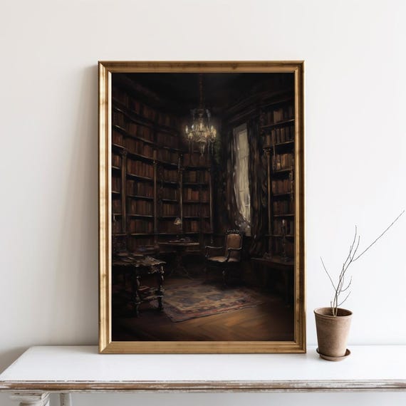 Vintage Victorian Library Painting Dark Moody Wall Art Light Academia Print Gothic Book Sg162