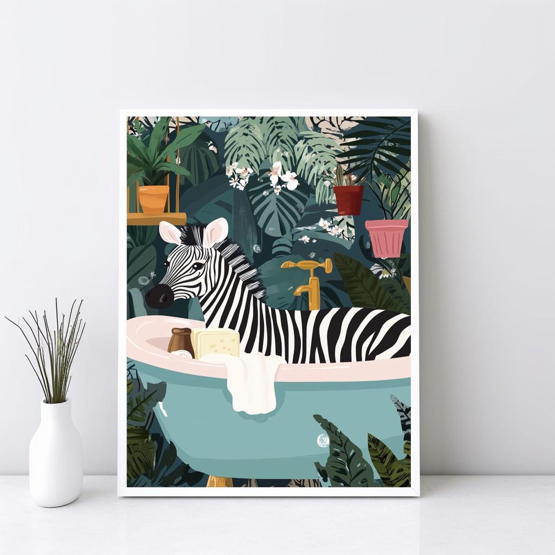 Zebra in Bathtub Tropical Safari Funny Maximalist Bathroom Poster