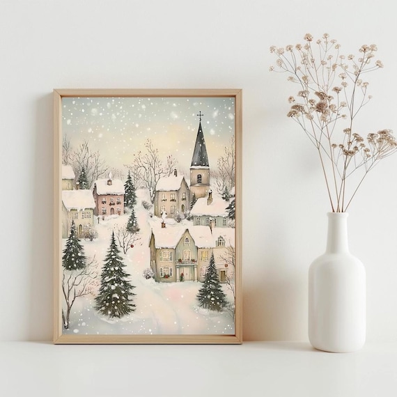 Vintage Christmas Village Poster With Snowy Church Cozy Winter Wall Decor