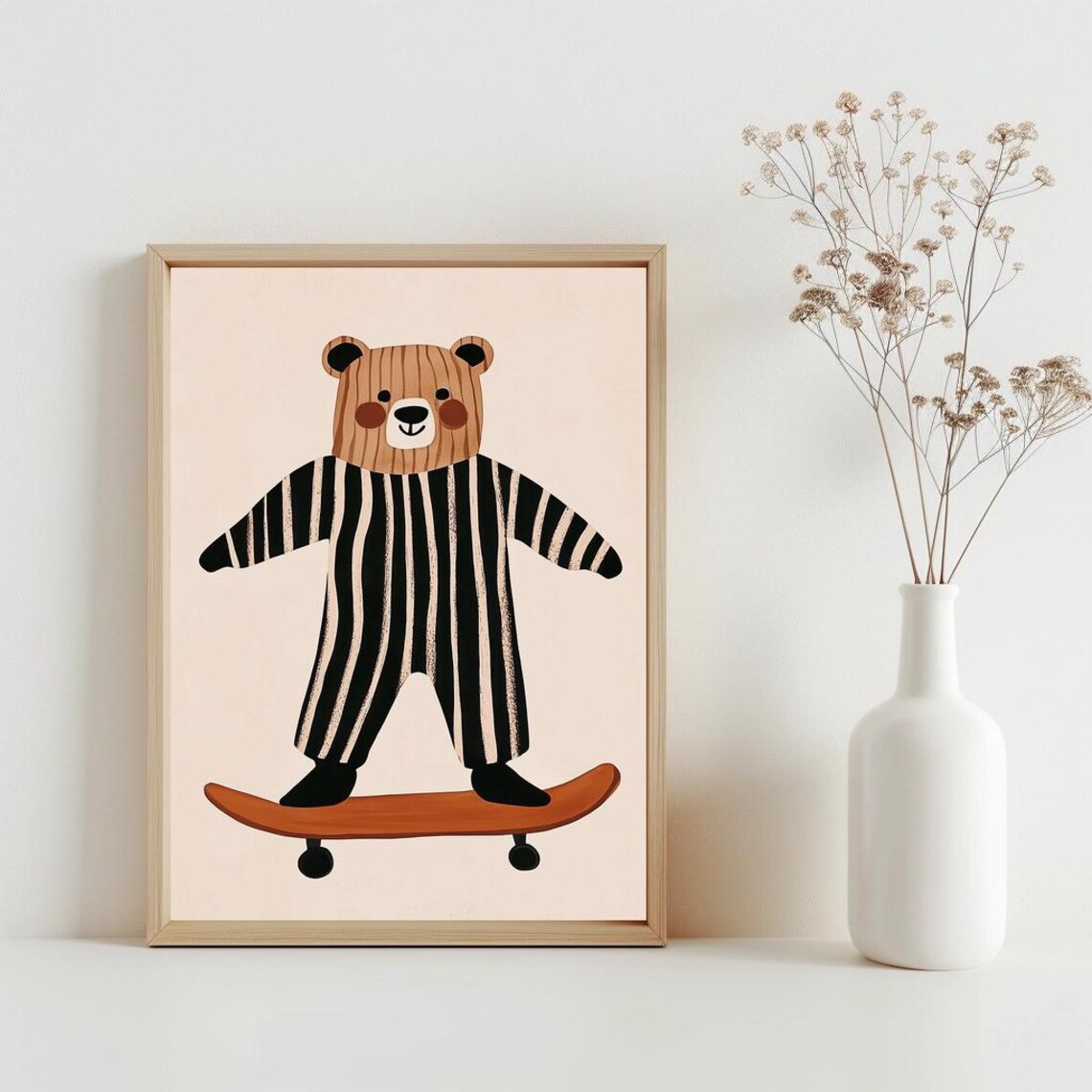 Skateboarding Bear in Striped Outfit Playful Kids Nursery Poster